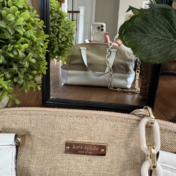 Kate Spade Beige linen  and White Leather Satchel - Picture 3 of 15